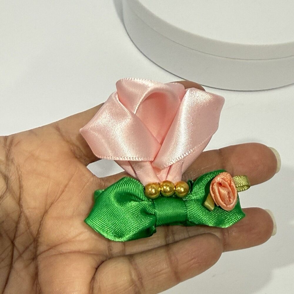 Handmade Satin Rose Hair Clip Pink Flower Green Bow Romantic Cottagecore 2.5 In - Picture 4 of 11